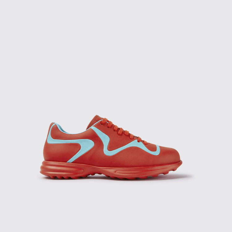 Side view of Twins Red and turquoise leather lace-up sneakers