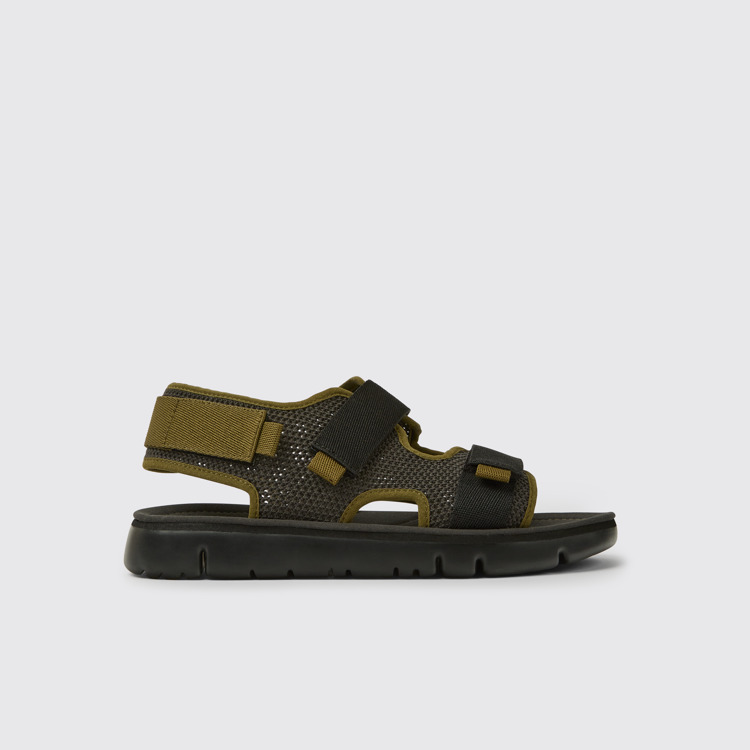 Side view of Oruga Grey, black, and green sandals for men