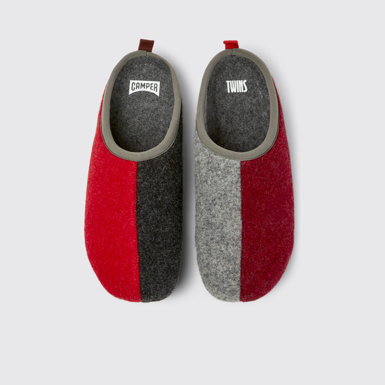 Overhead view of Twins Burgundy, red, and gray wool slippers for men