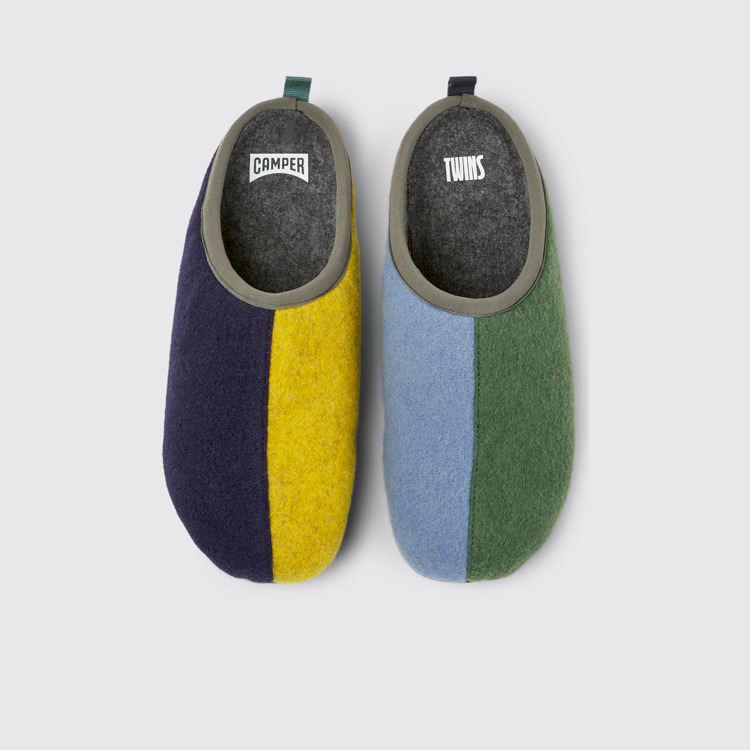 Overhead view of Twins Green, blue, and gray wool slippers for men