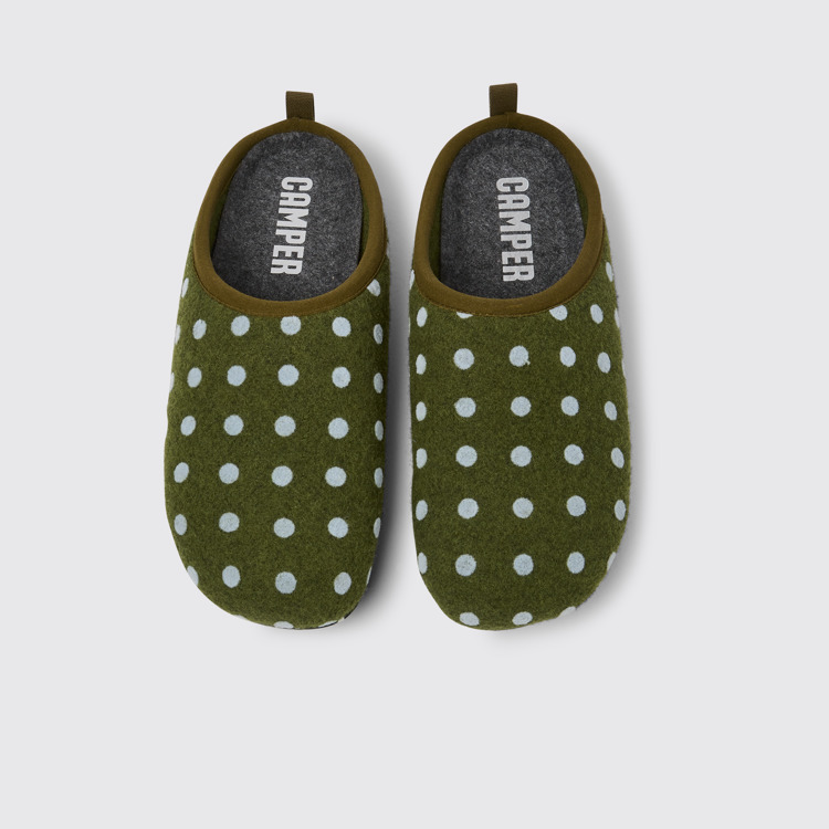 Overhead view of Wabi Green and blue wool men’s slippers