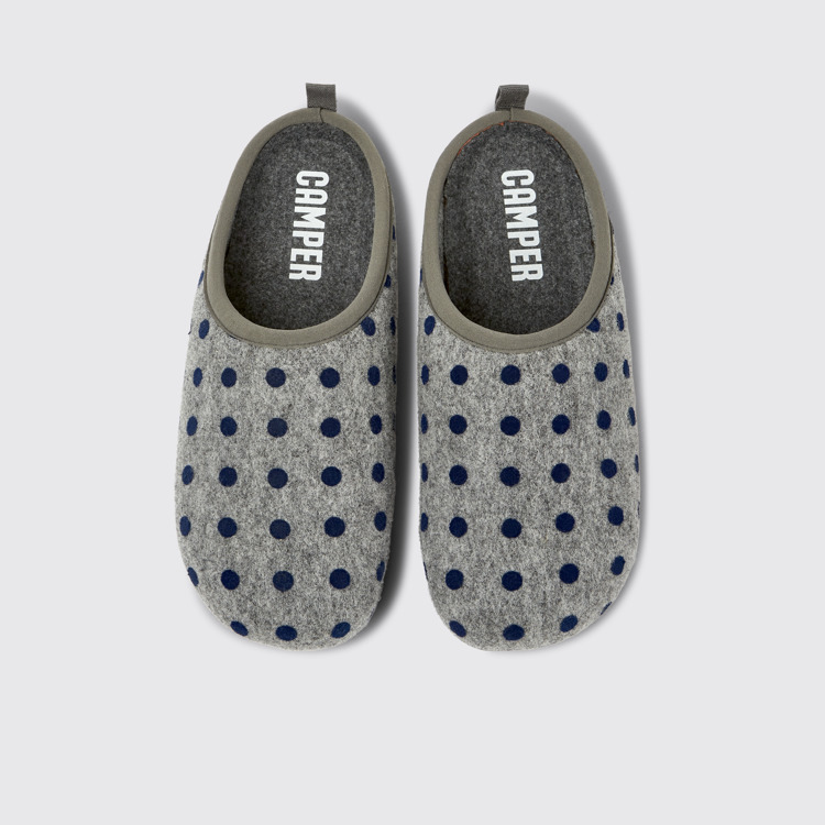 Overhead view of Wabi Gray and blue wool slippers for men