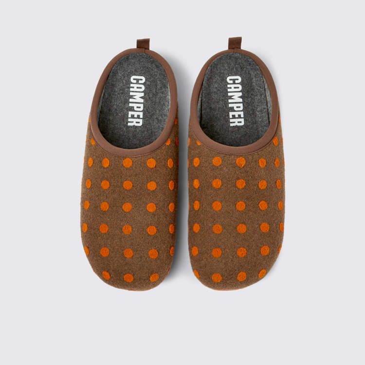 Overhead view of Wabi Brown and orange wool slippers for men