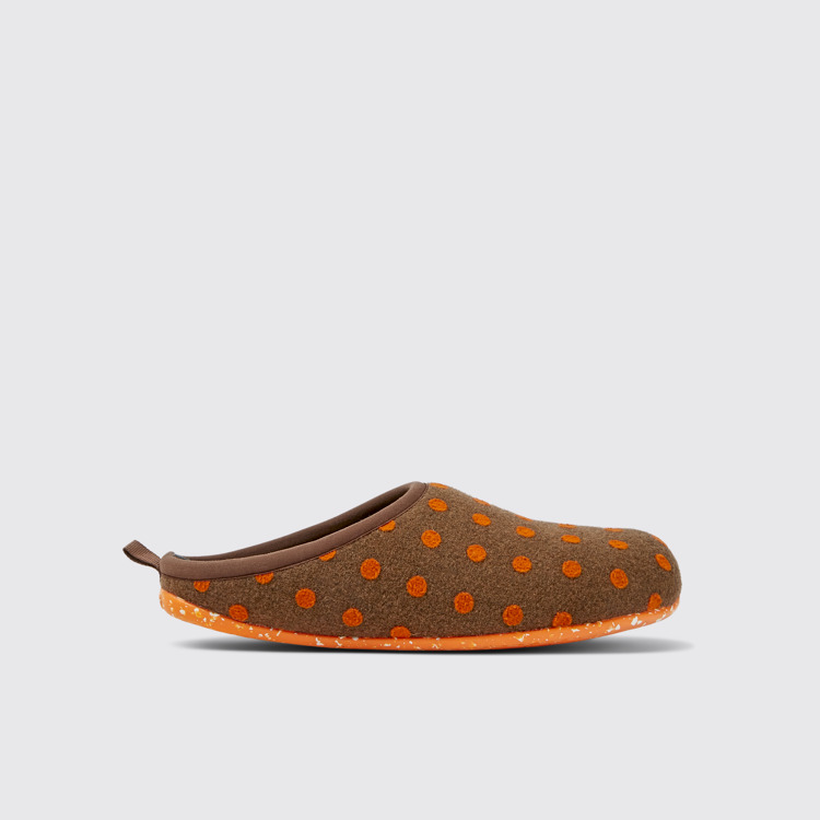 Side view of Wabi Brown and orange wool slippers for men