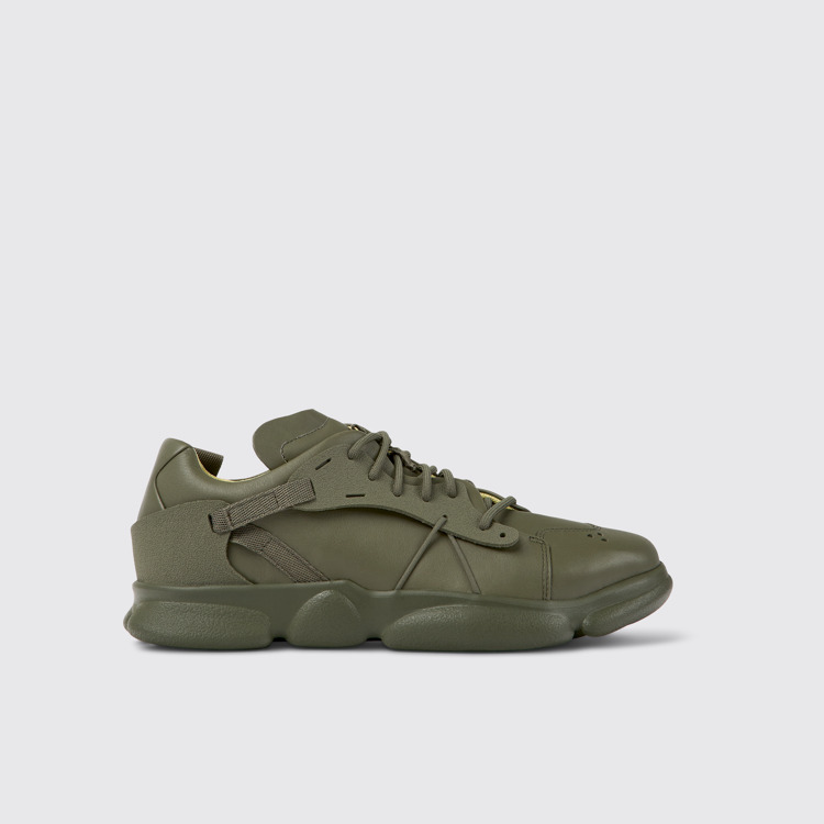 Side view of Karst Green leather and textile sneakers for men