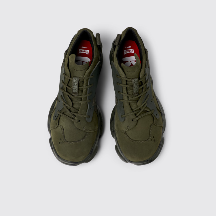 Overhead view of Karst Green nubuck and textile sneakers for men