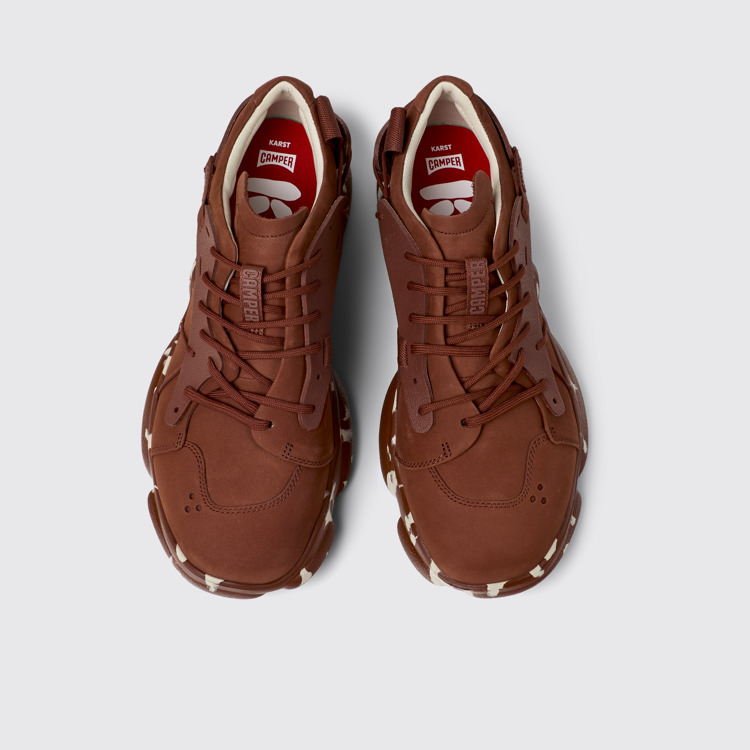 Overhead view of Karst Red nubuck and textile sneakers for men