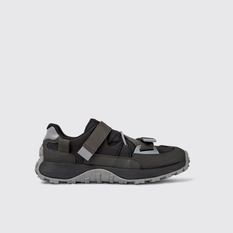 Side view of Drift Trail Black and gray textile and nubuck sneakers for men