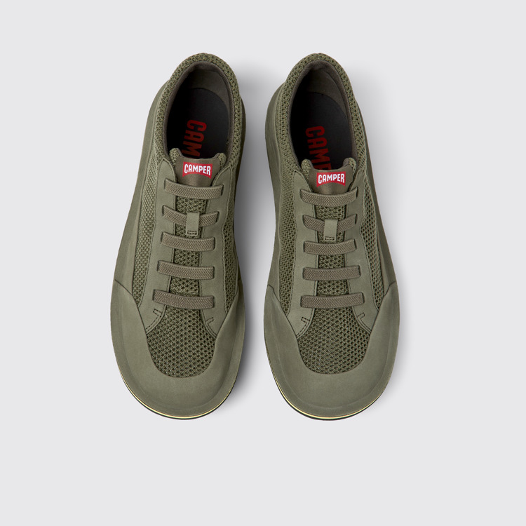 Overhead view of Beetle Green textile and nubuck shoes for men