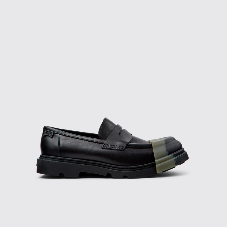 Side view of Junction Black Leather Moccasin Shoes for Men.