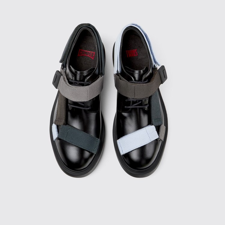 Overhead view of Twins Black leather and textile shoes for men