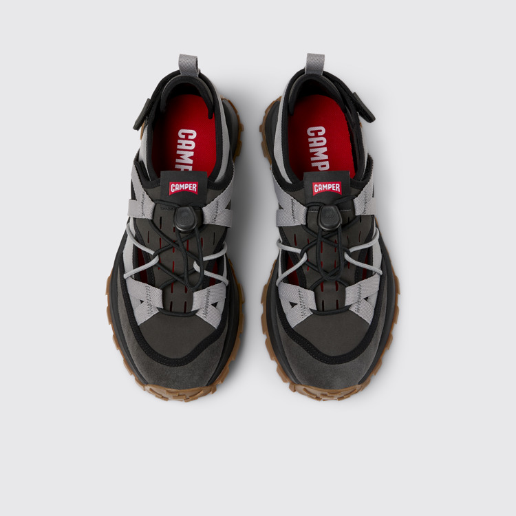 Overhead view of Drift Trail VIBRAM Gray Recycled PET and Nubuck Men's Sneakers.