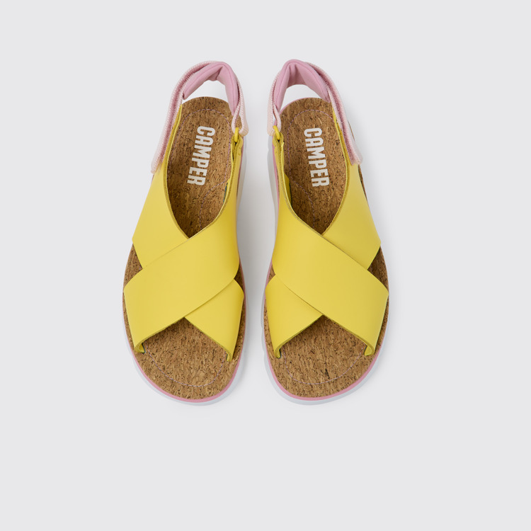 Overhead view of Oruga Yellow and pink sandals for women