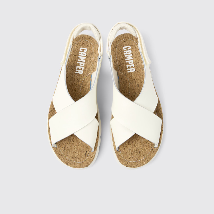 Overhead view of Oruga White leather and textile sandals for women