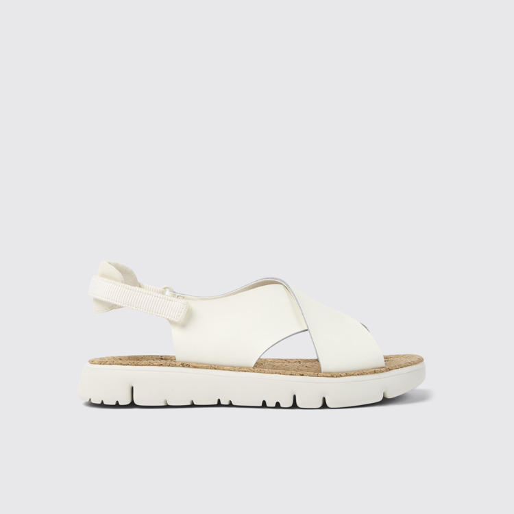 Side view of Oruga White leather and textile sandals for women