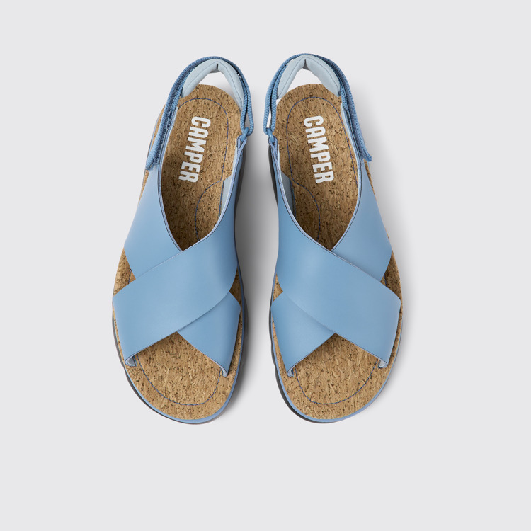 Overhead view of Oruga Blue leather and textile sandals for women