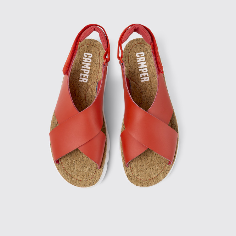 Overhead view of Oruga Red leather and textile sandals for women