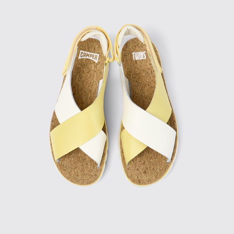 Overhead view of Twins White and yellow leather and textile sandals for women