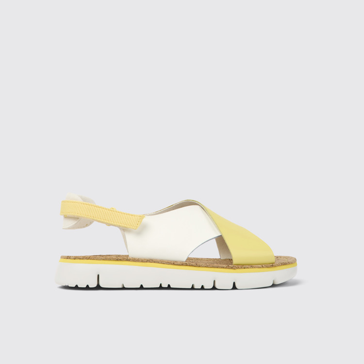 Side view of Twins White and yellow leather and textile sandals for women