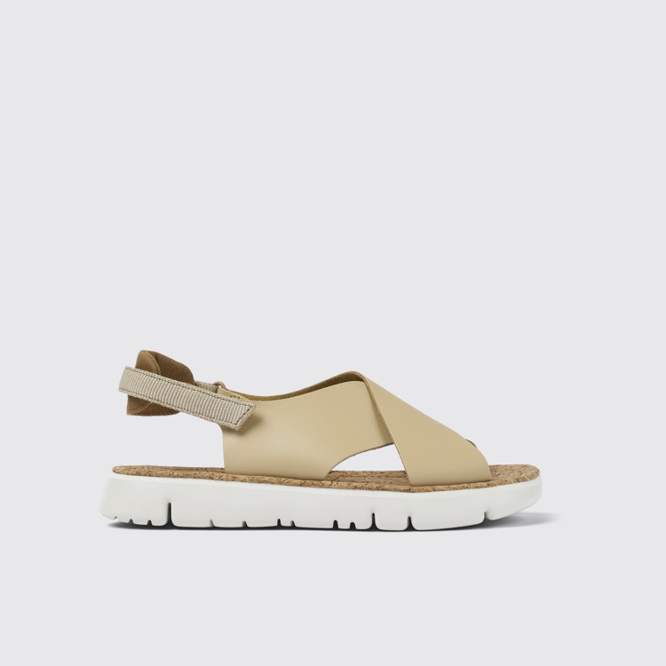 Side view of Oruga Beige Leather/Textile Sandal for Women