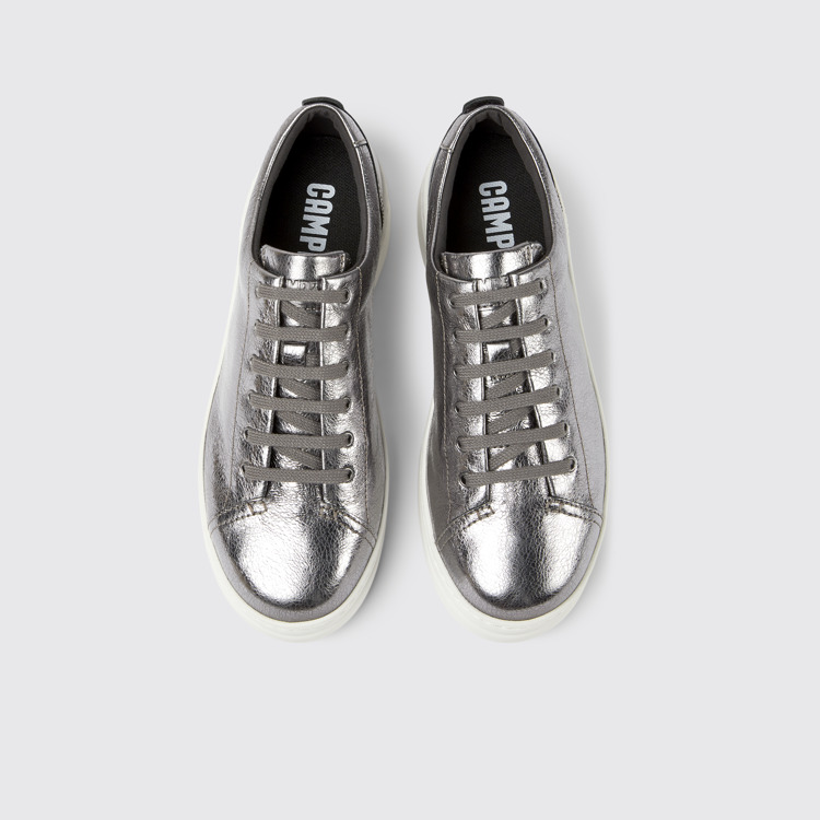 Overhead view of Runner Up Gray metallic leather sneakers for women