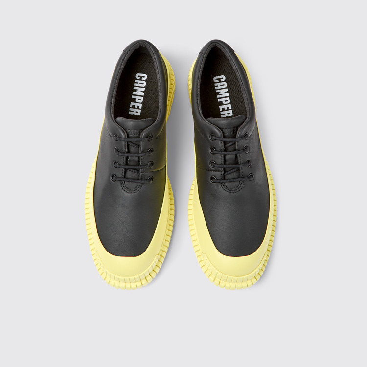 Overhead view of Pix Black and yellow leather lace-up shoes for women