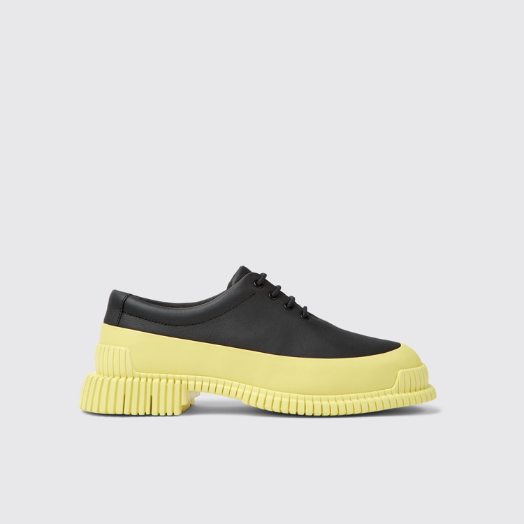 Side view of Pix Black and yellow leather lace-up shoes for women