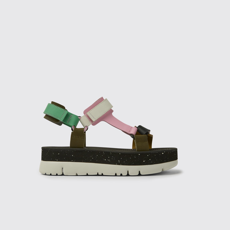 Side view of Oruga Up Green, pink, and white leather sandals for women