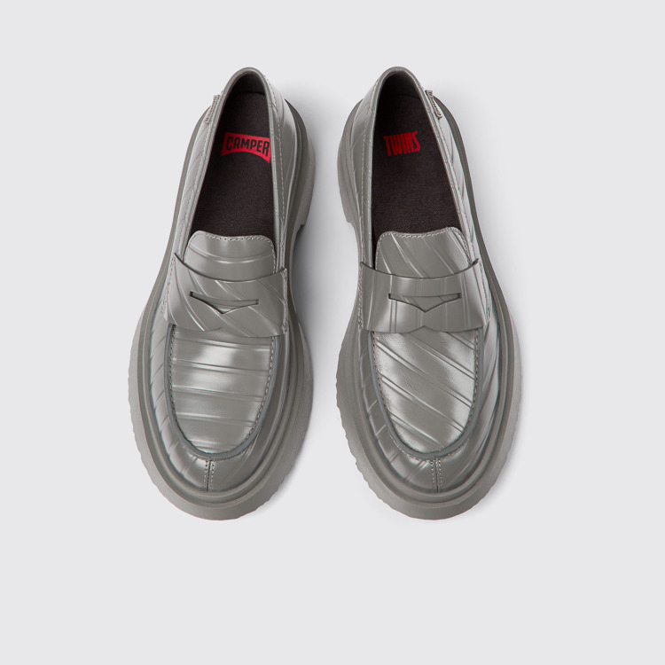 Overhead view of Twins Gray leather loafers for women