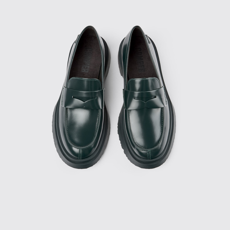 Overhead view of Walden Green leather loafers for women