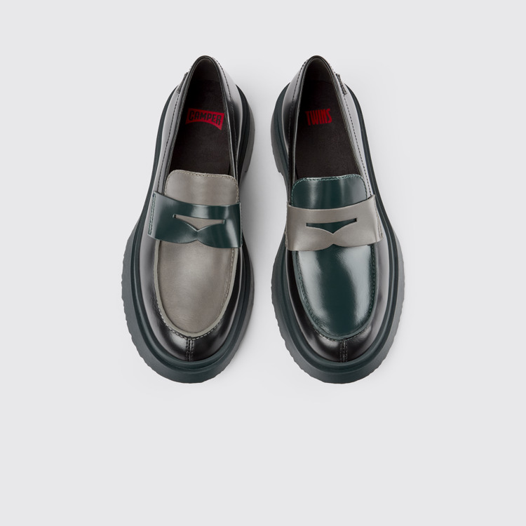 Overhead view of Twins Black and gray leather loafers for women