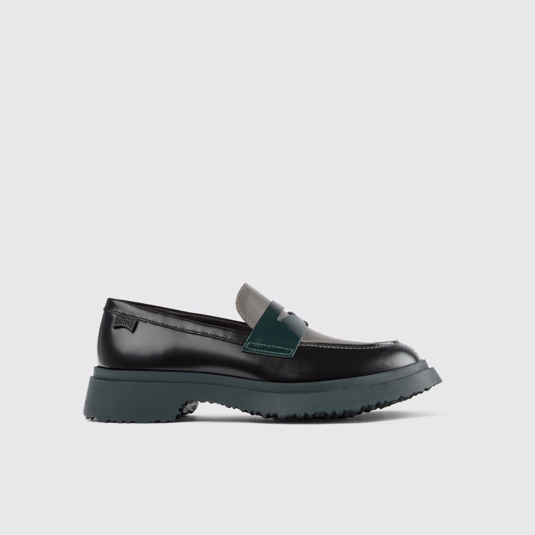 Side view of Twins Black and gray leather loafers for women