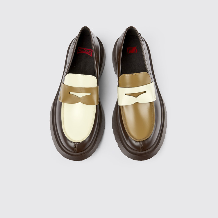 Overhead view of Twins Brown and white leather loafers for women