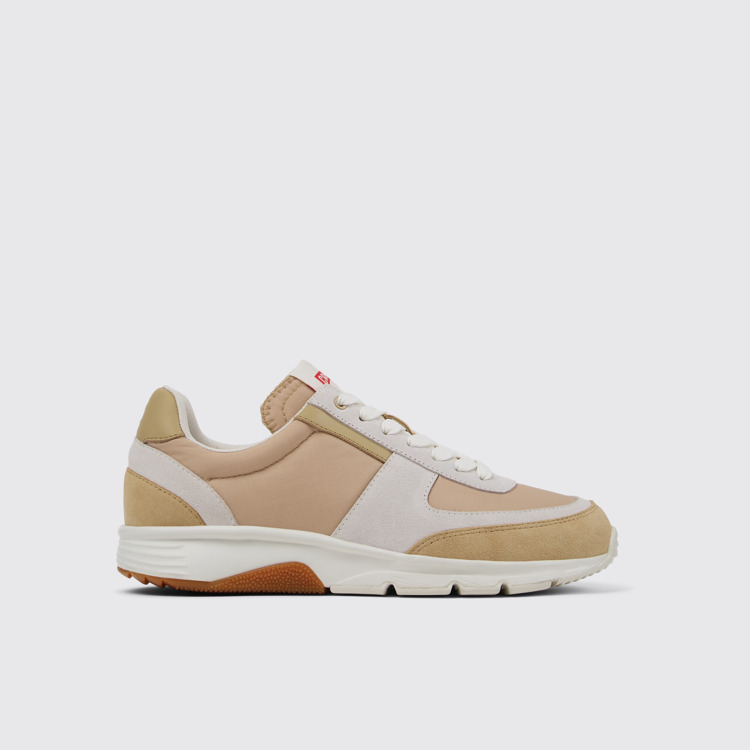 Side view of Drift Beige, white, and brown sneakers for women