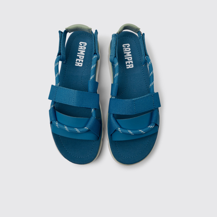 Overhead view of Oruga Blue and green leather sandals for women