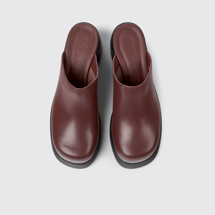 Overhead view of Kaah Burgundy leather mules for women