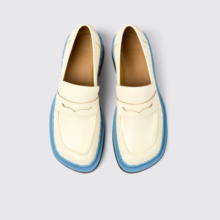 Overhead view of Taylor White and blue leather loafers for women