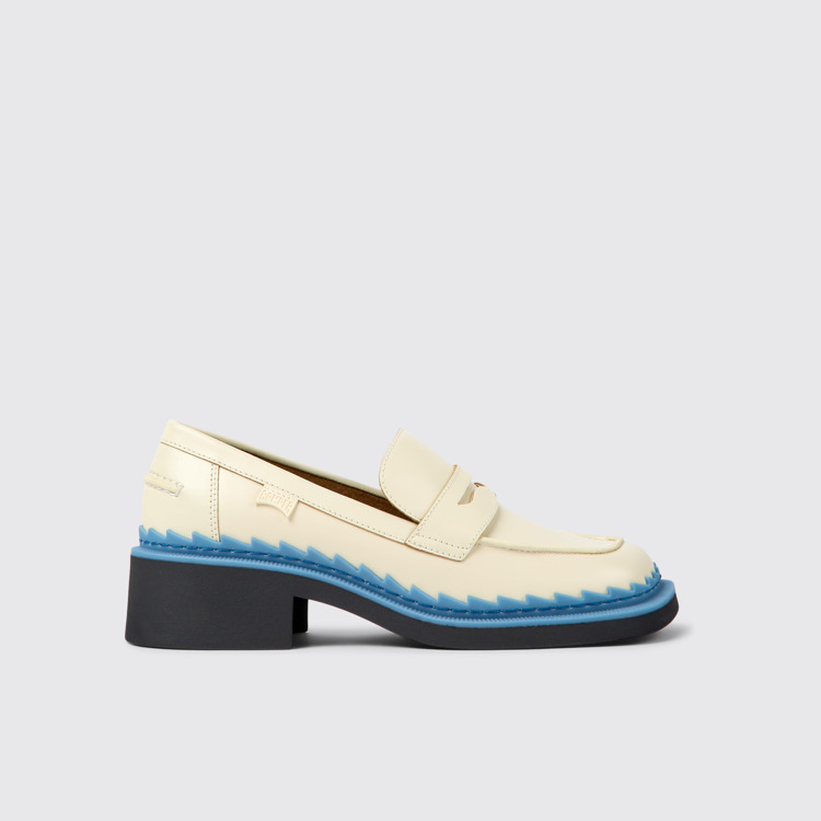 Side view of Taylor White and blue leather loafers for women