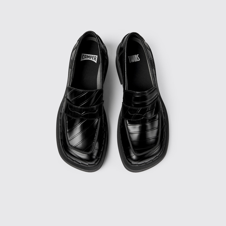 Overhead view of Twins Black leather loafers for women