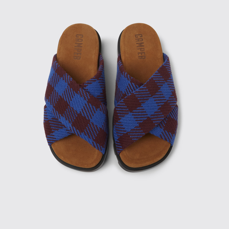 Overhead view of Brutus Sandal Blue and burgundy recycled cotton sandals for women