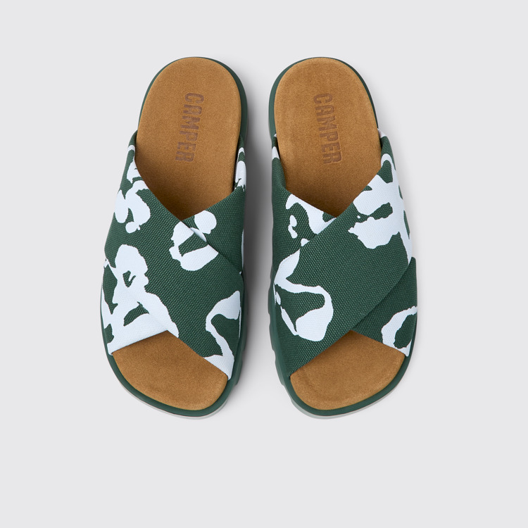 Overhead view of Brutus Sandal Green and blue recycled cotton sandals for women