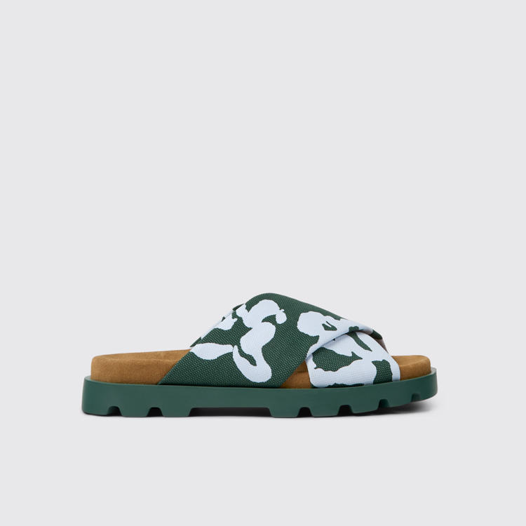 Side view of Brutus Sandal Green and blue recycled cotton sandals for women