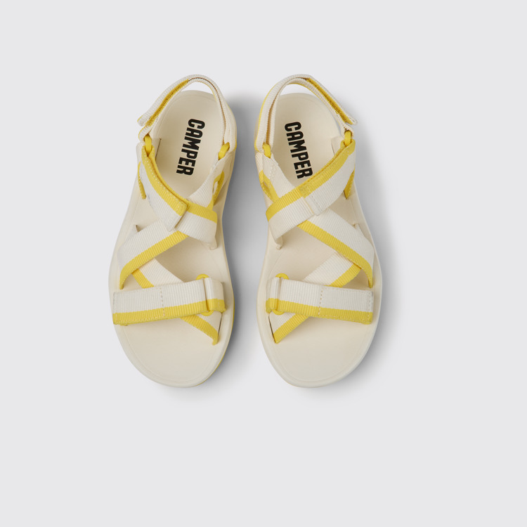 Overhead view of Match White and yellow recycled PET sandals for women