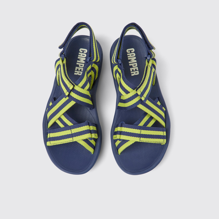 Overhead view of Match Blue and yellow textile sandals for women