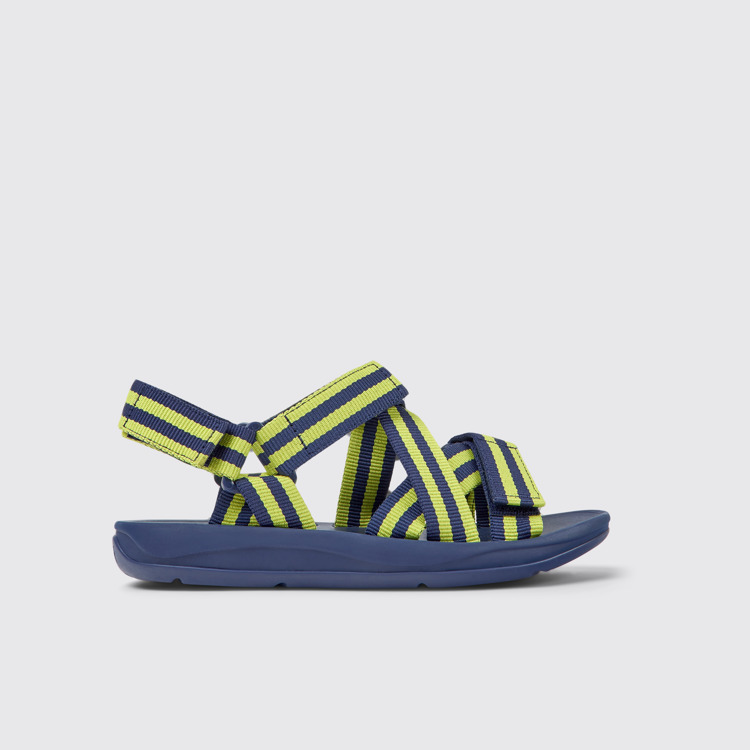 Side view of Match Blue and yellow textile sandals for women