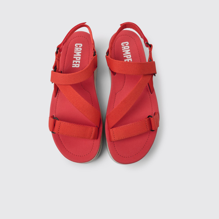 Overhead view of Oruga Up Red recycled PET sandals for women