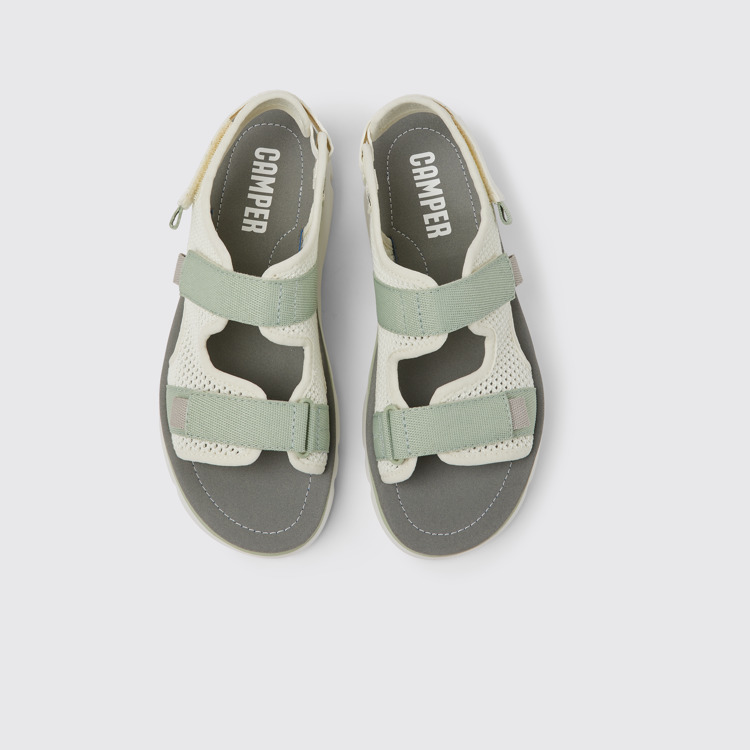 Overhead view of Oruga White, green, and grey sandals for women