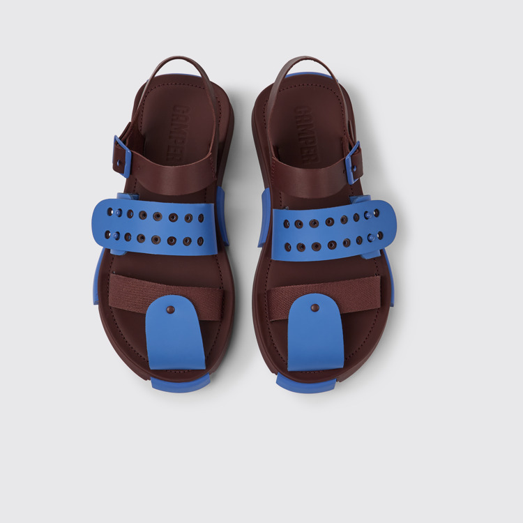 Overhead view of Set Blue and burgundy leather sandals for women