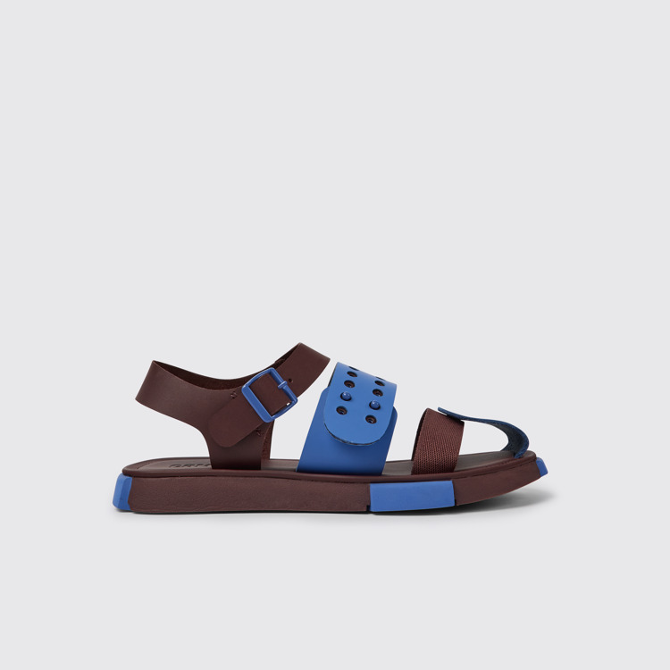 Side view of Set Blue and burgundy leather sandals for women