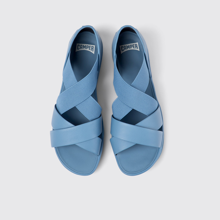 Overhead view of Right Blue leather sandals for women